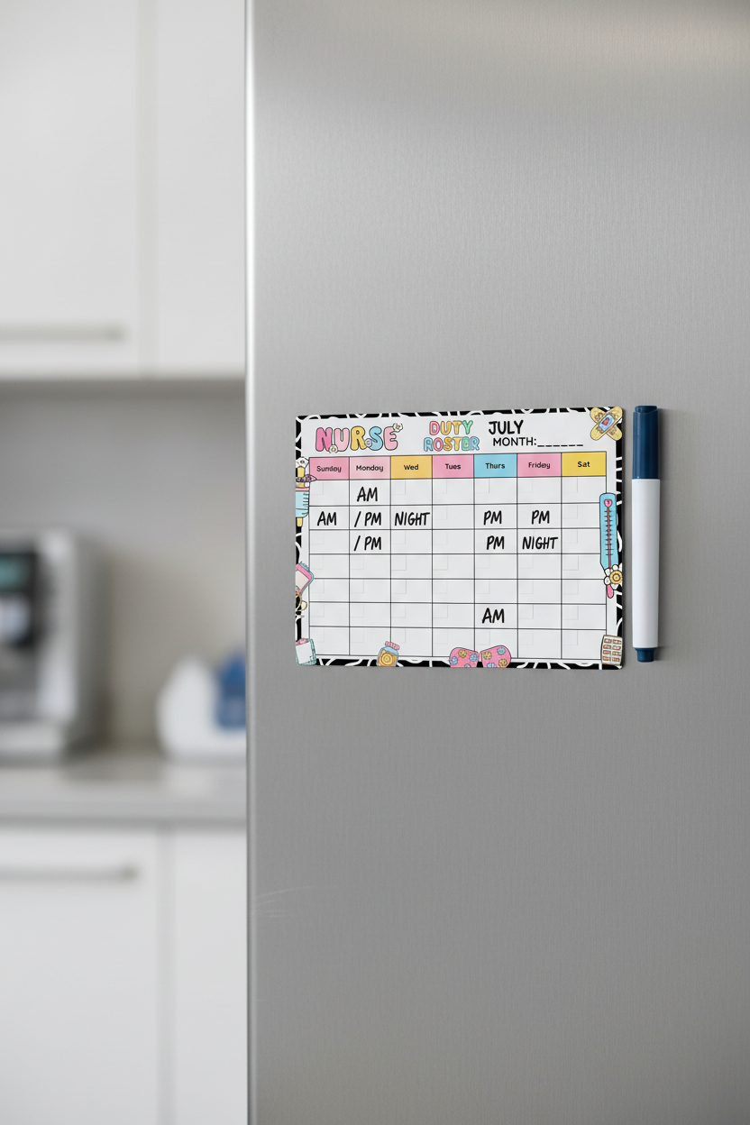 healthcare shift roster fridge magnet , magnetic planner, nurses magnetic roster sheet, handcrafted in Dunedin, New Zealand – FridgeIT Moments