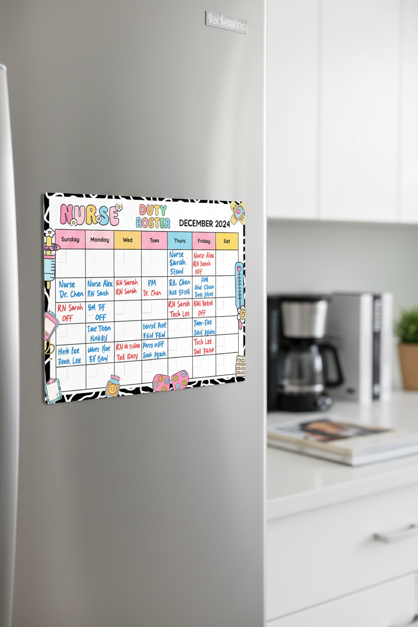 healthcare shift roster fridge magnet , magnetic planner, nurses magnetic roster sheet, handcrafted in Dunedin, New Zealand – FridgeIT Moments