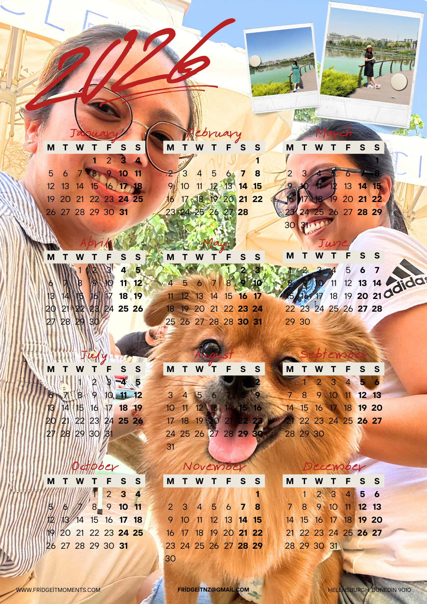 Personalized Custom photo magnetic calendar 2026 handcrafted in Dunedin, New Zealand – FridgeIT Moments