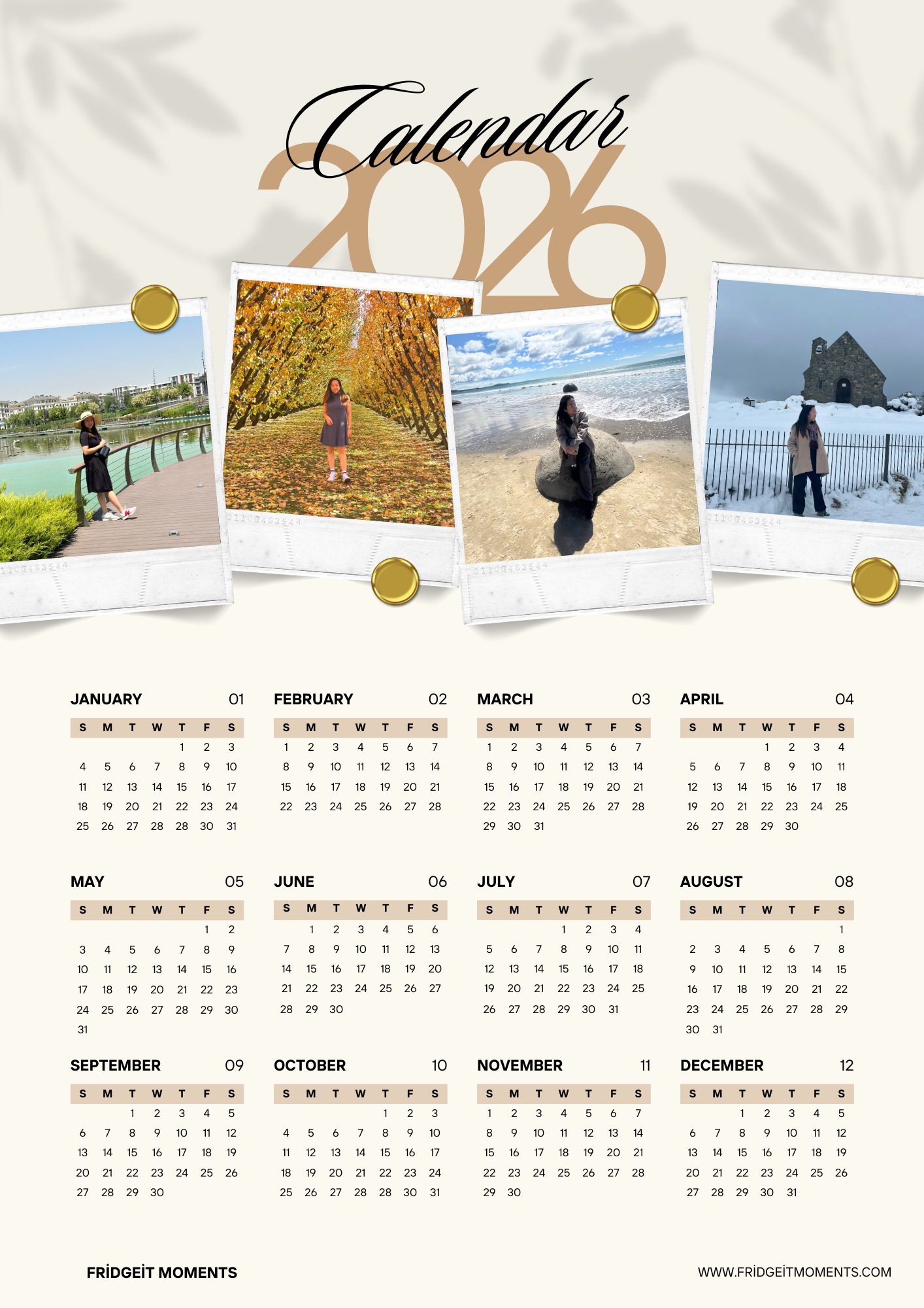 Personalized Custom photo magnetic calendar 2026 handcrafted in Dunedin, New Zealand – FridgeIT Moments
