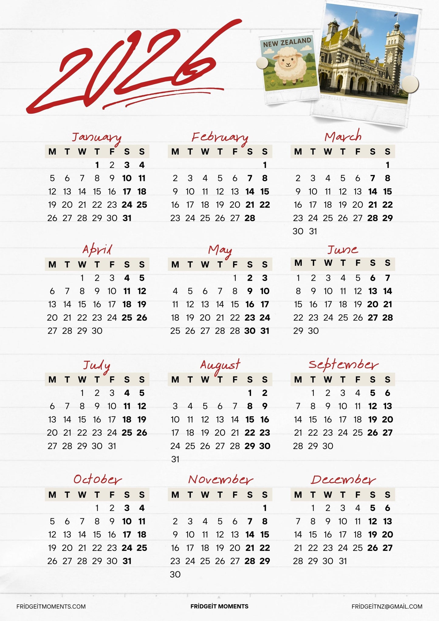 Personalized Custom photo magnetic calendar 2026 handcrafted in Dunedin, New Zealand – FridgeIT Moments