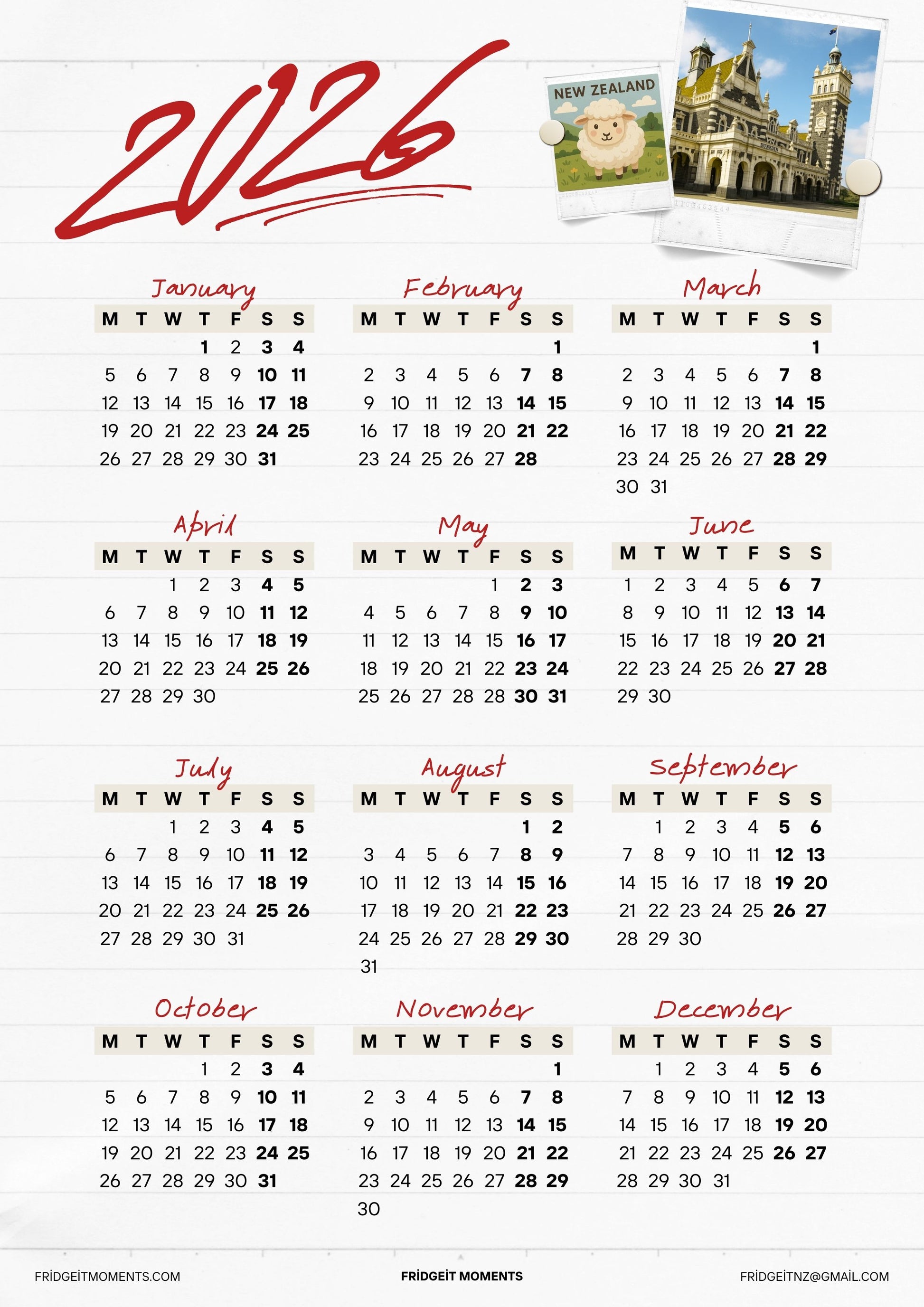 Personalized Custom photo magnetic calendar 2026 handcrafted in Dunedin, New Zealand – FridgeIT Moments