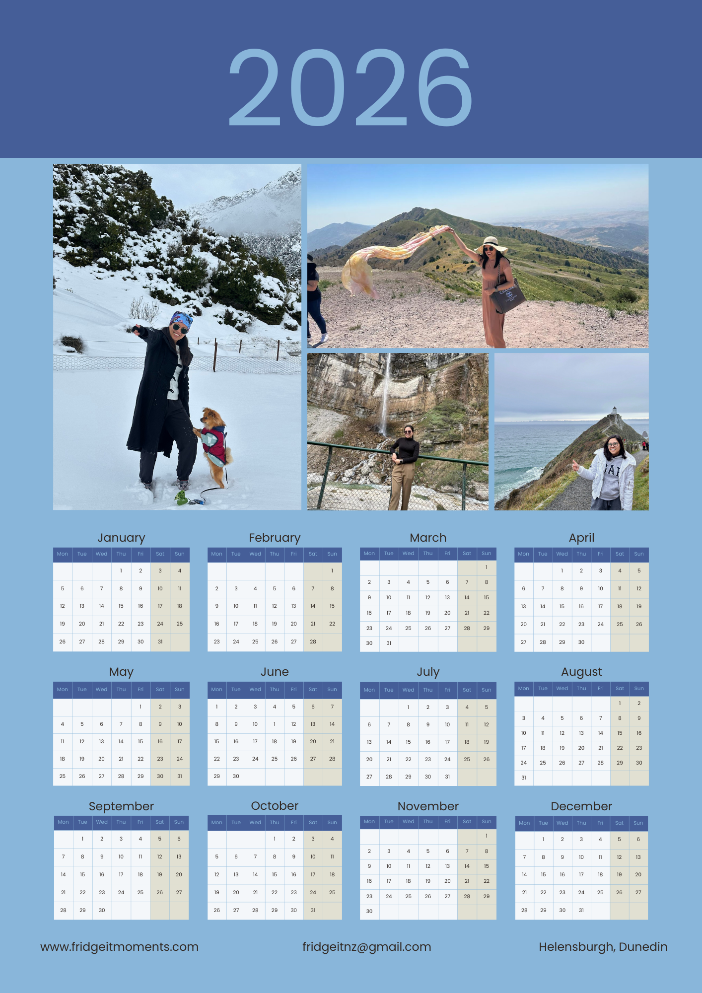 Personalized Custom photo magnetic calendar 2026 handcrafted in Dunedin, New Zealand – FridgeIT Moments