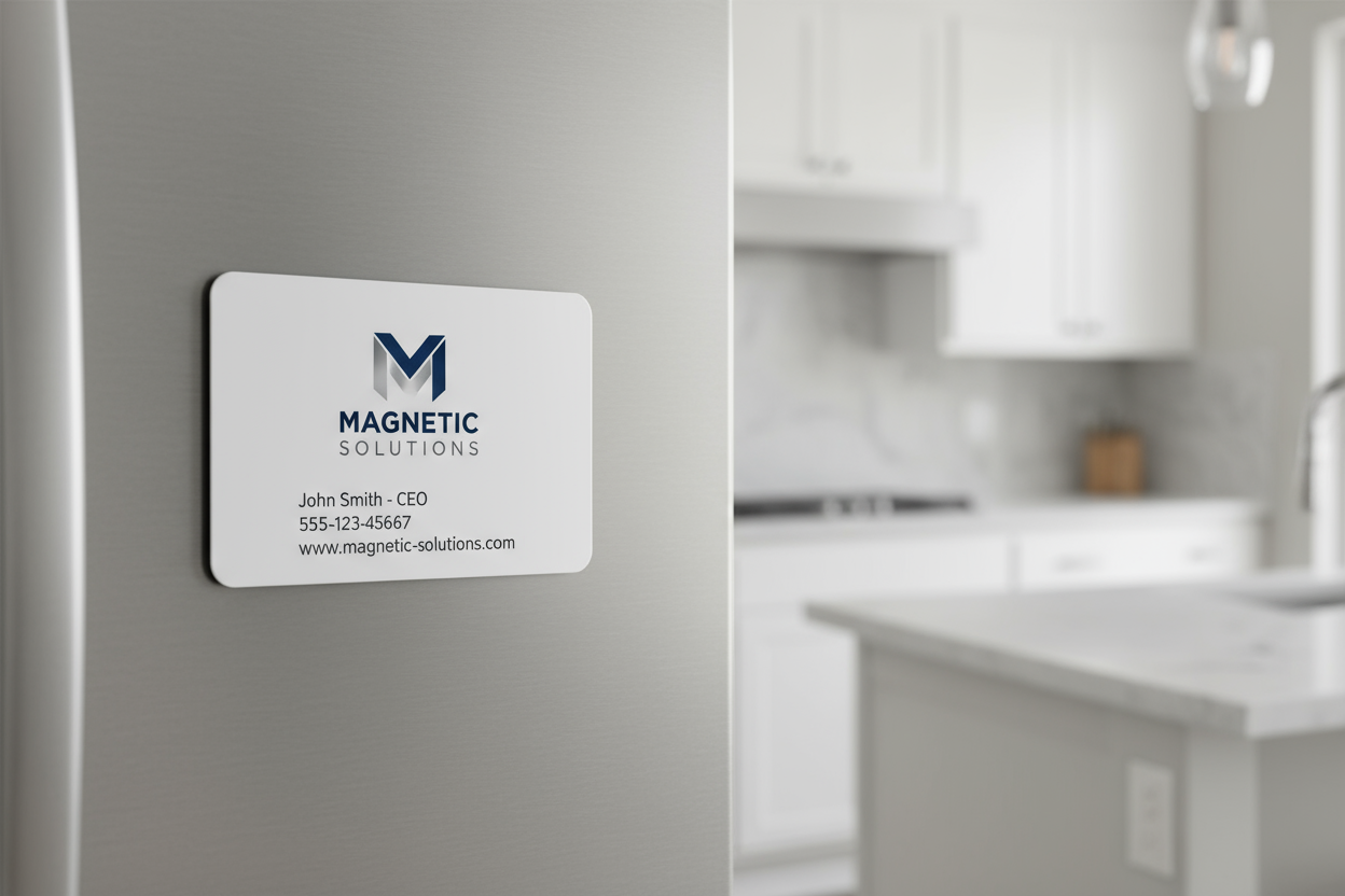 Business card on magnetic sheet attached to metal surface