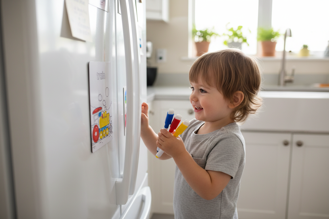 Child coloring A6 sheet on fridge