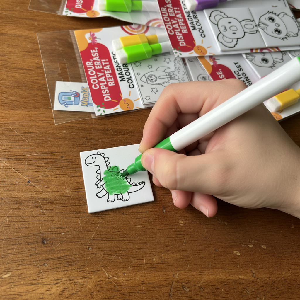 Child coloring tiny magnet with regular pen