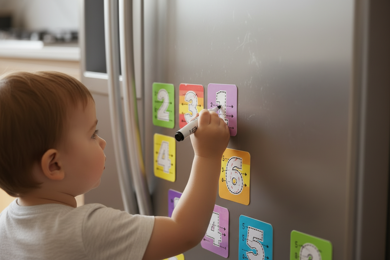 Child tracing number 1 - all magnets uniform 5cm x 5cm on grey fridge