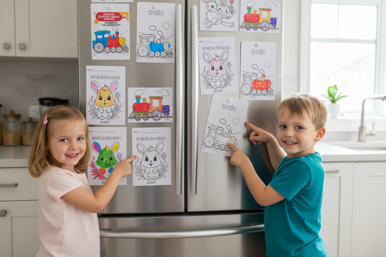 Children with A6 artwork on fridge