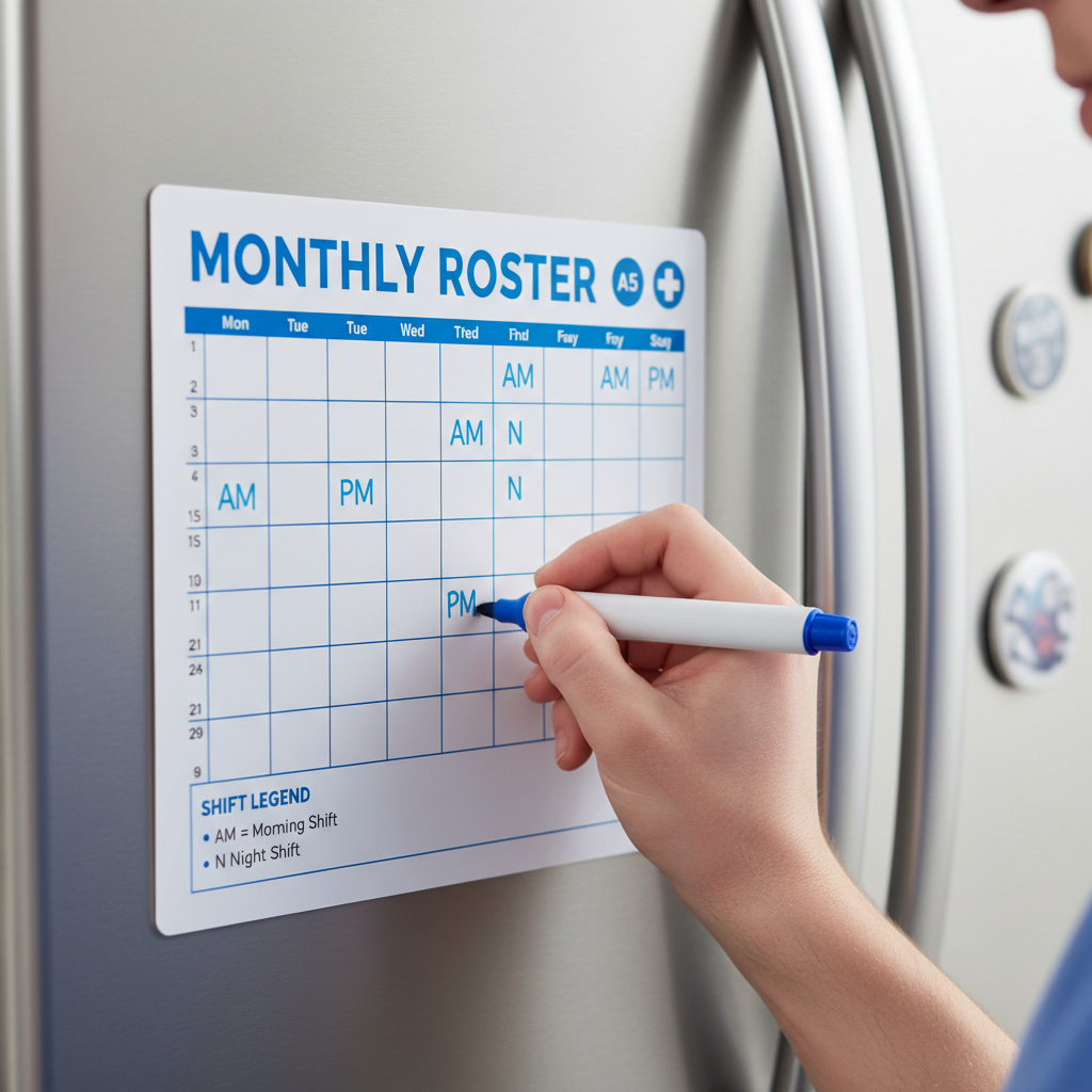 Close-up of hand writing shifts on roster