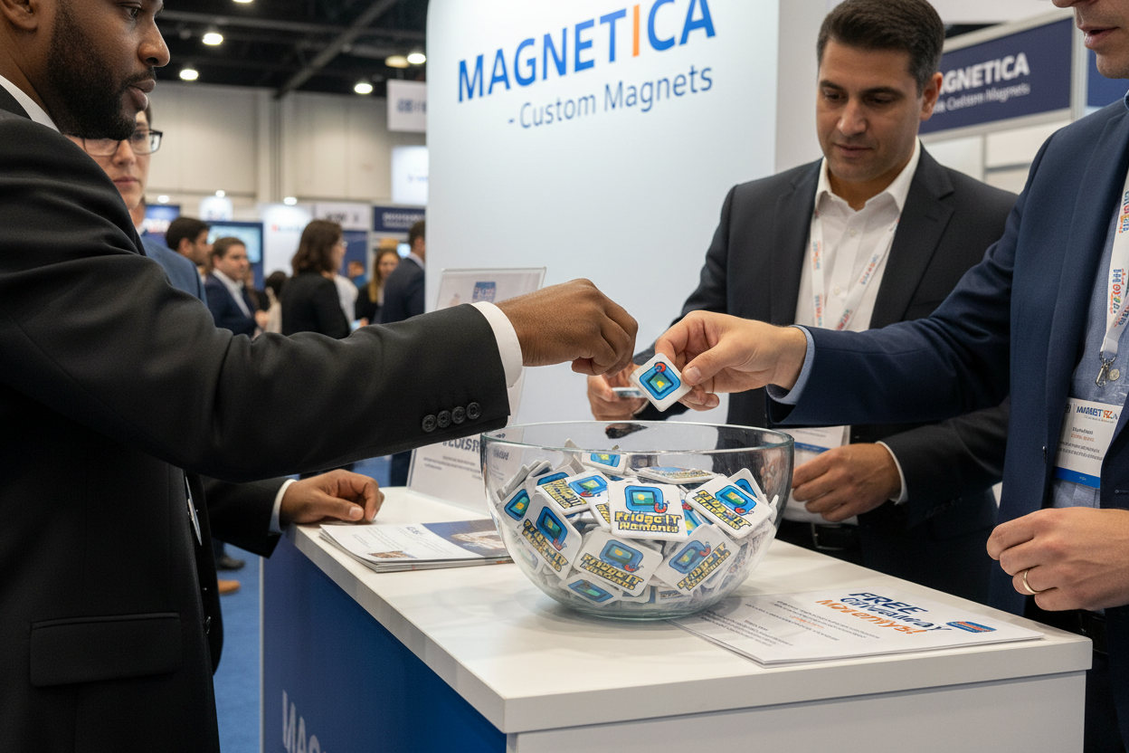 Corporate event booth with magnet giveaways