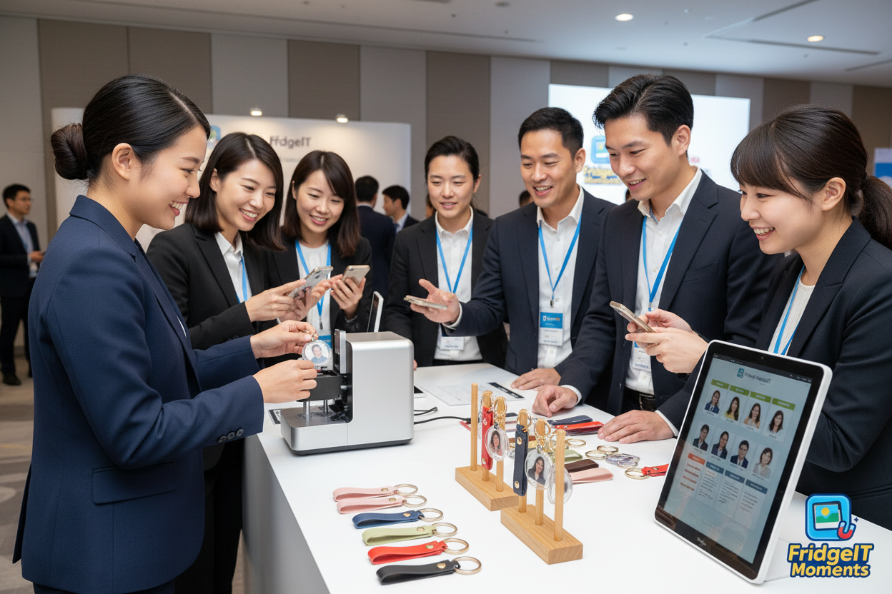 Corporate event giveaway package on the spot handcrafting custom photo keychains Dunedin NZ - FridgeIT Moments