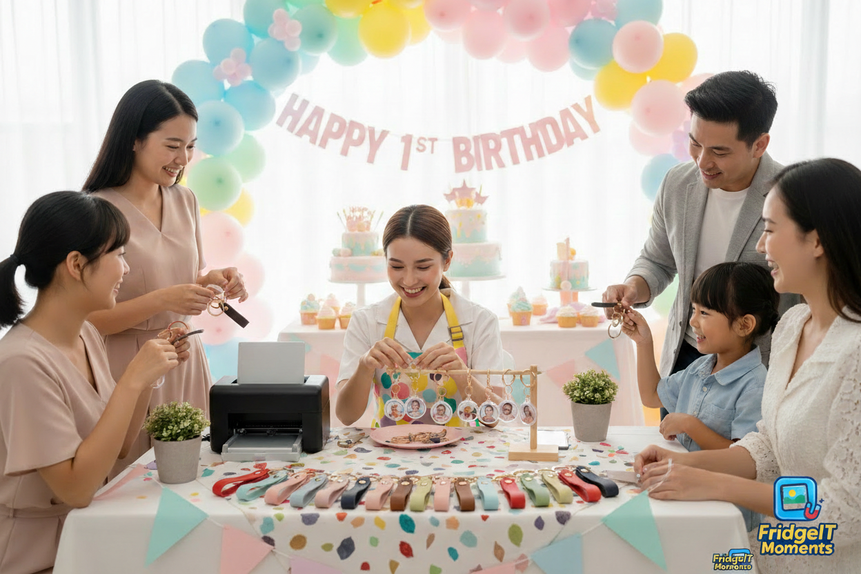 custom photo keychain on the spot event 1st birthday photo keychain giveaway Dunedin NZ – FridgeIT Moments