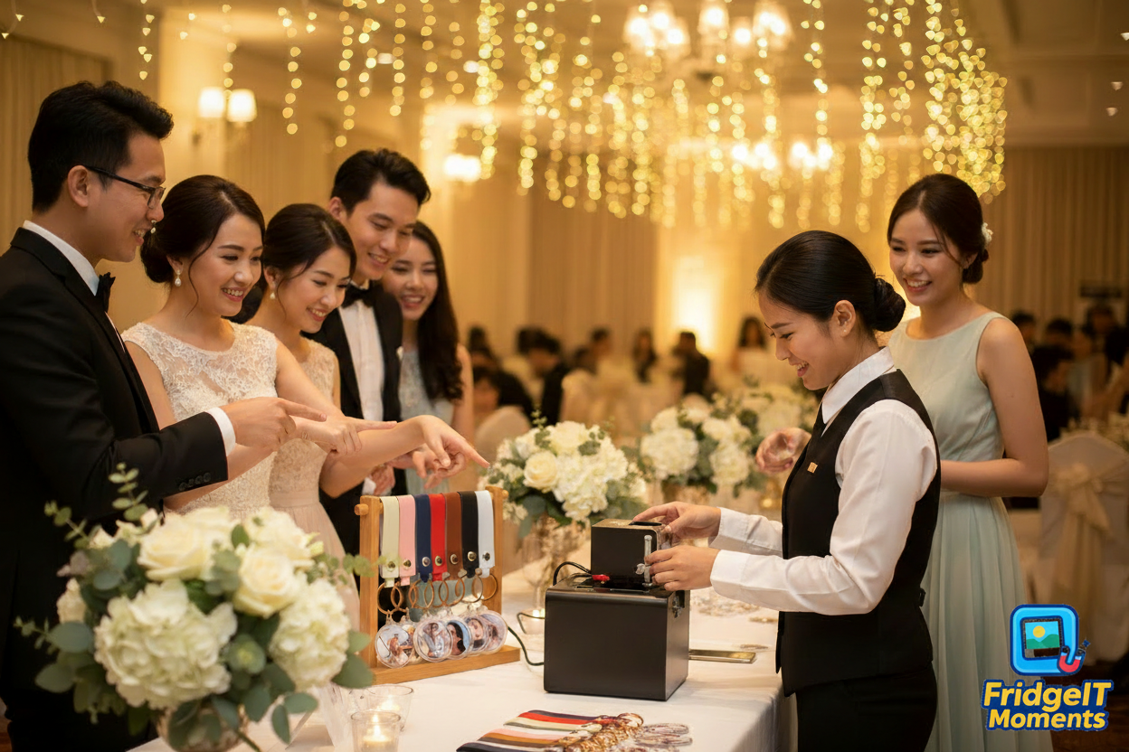 Wedding custom photo keychain on the spot event giveaway Dunedin NZ – FridgeIT Moments