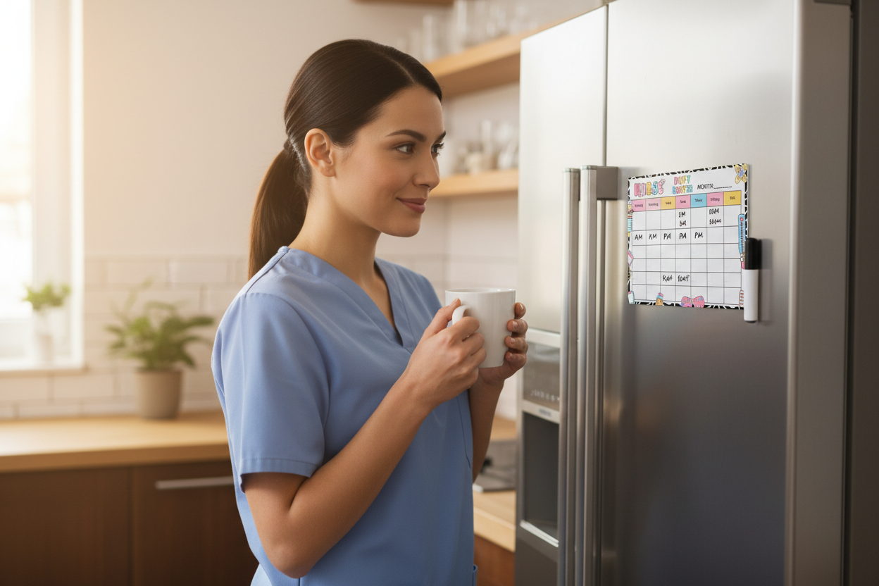 Female nurse reviewing A5 roster with coffee