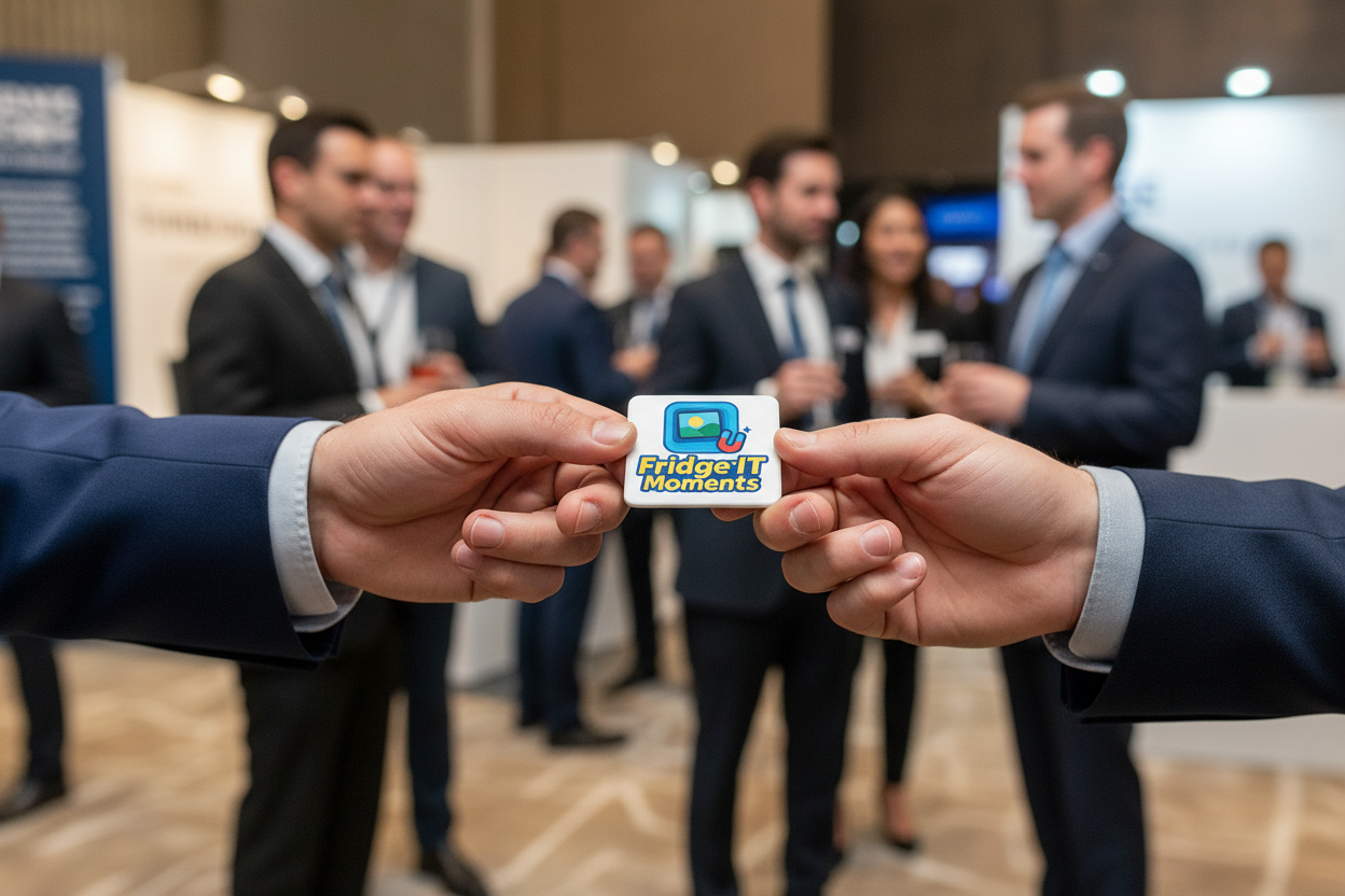 Handing out branded magnet at event