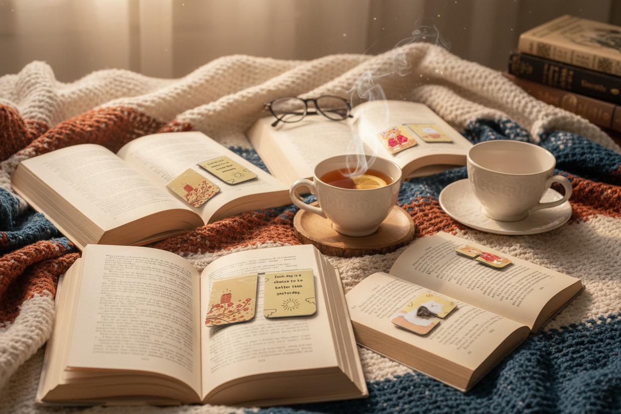 Lifestyle reading scene with bookmarks