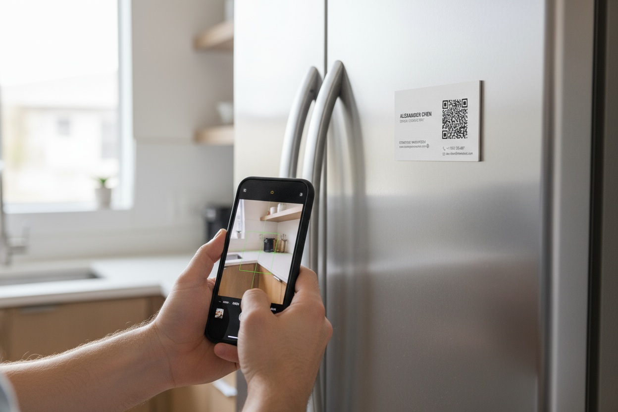 Magnetic Business Card on Fridge Being Scanned