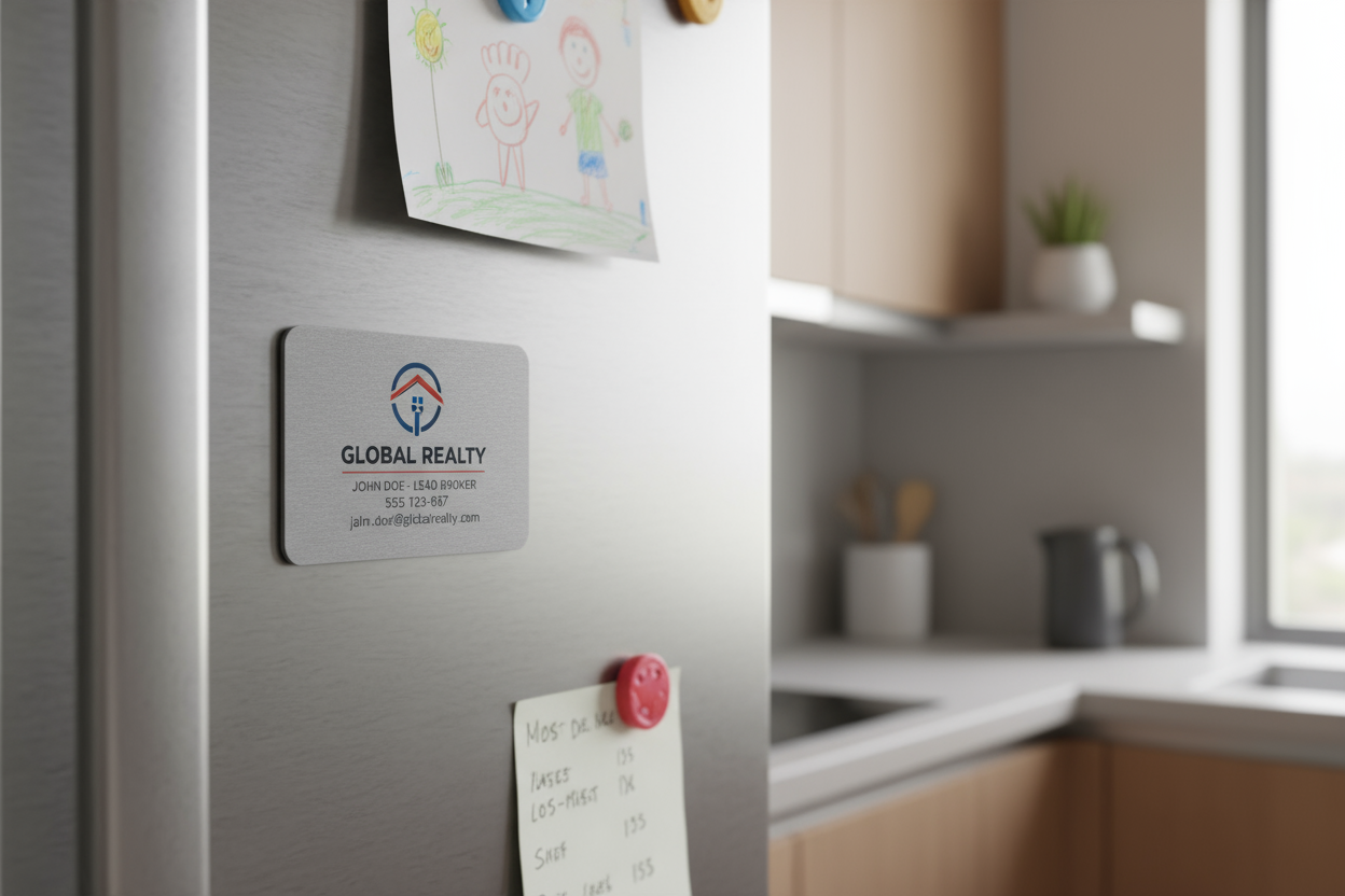 Magnetic business card on refrigerator