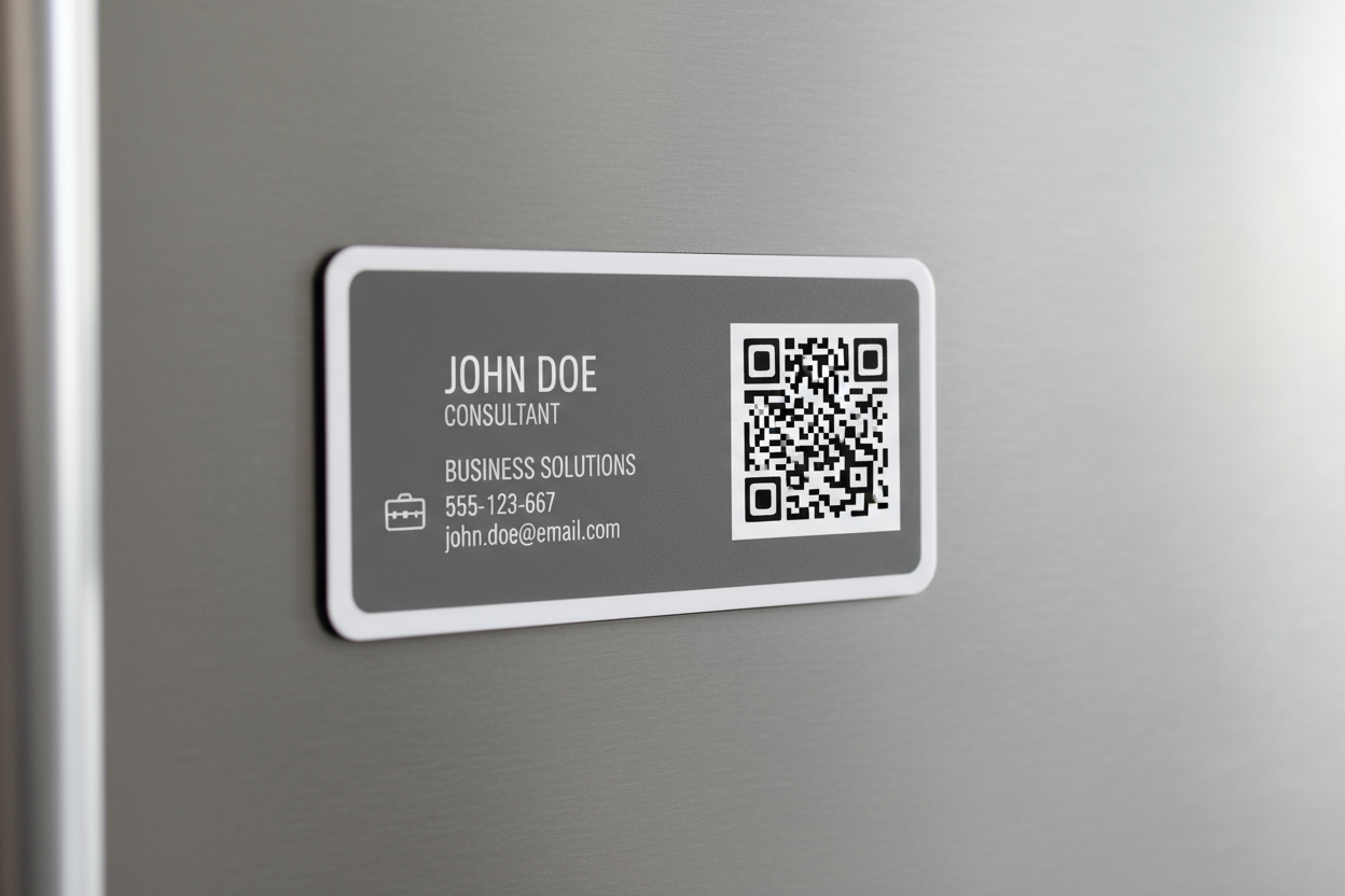 Magnetic business card with QR code on metal surface