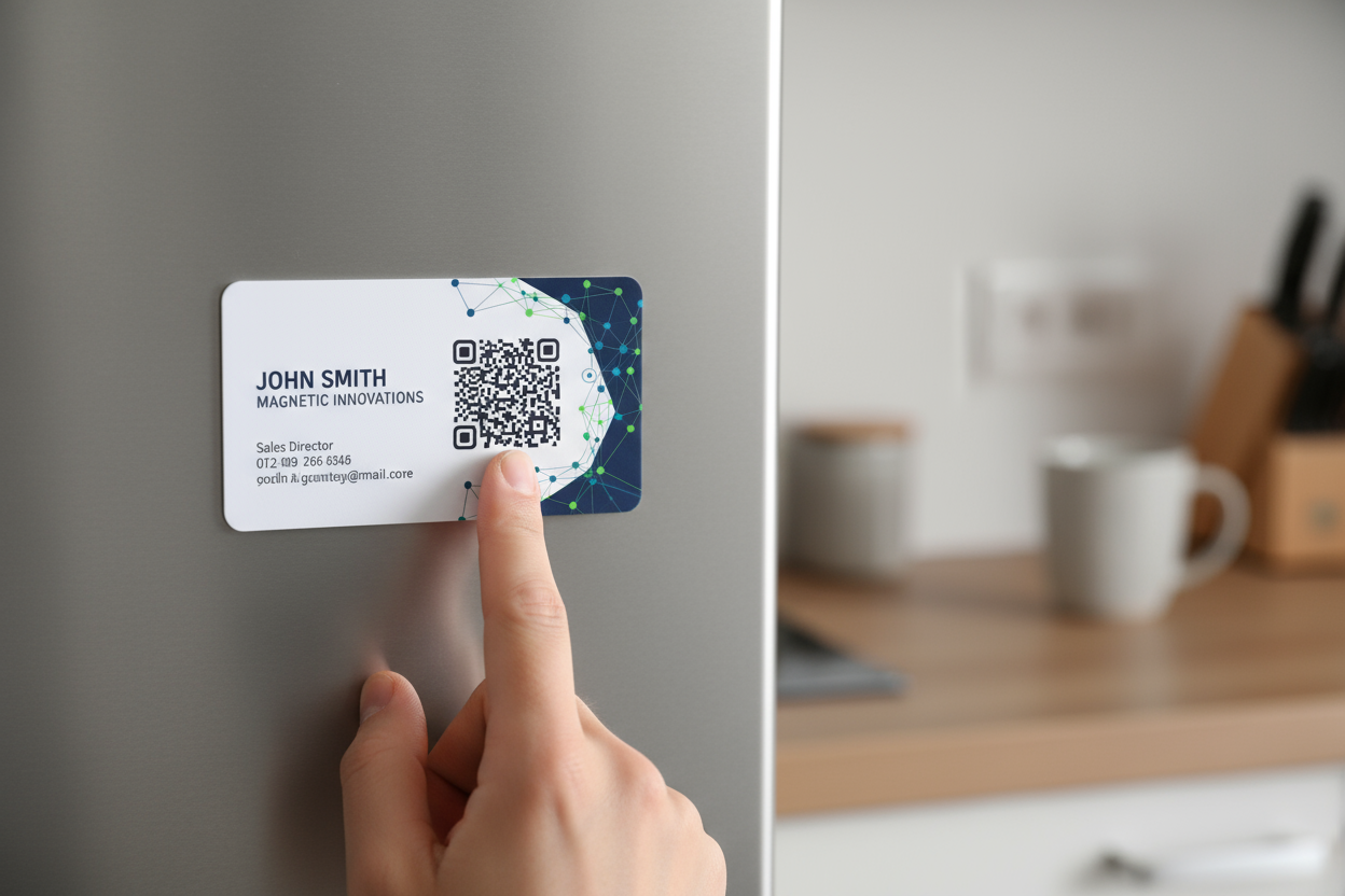 Magnetic business card with QR code on refrigerator