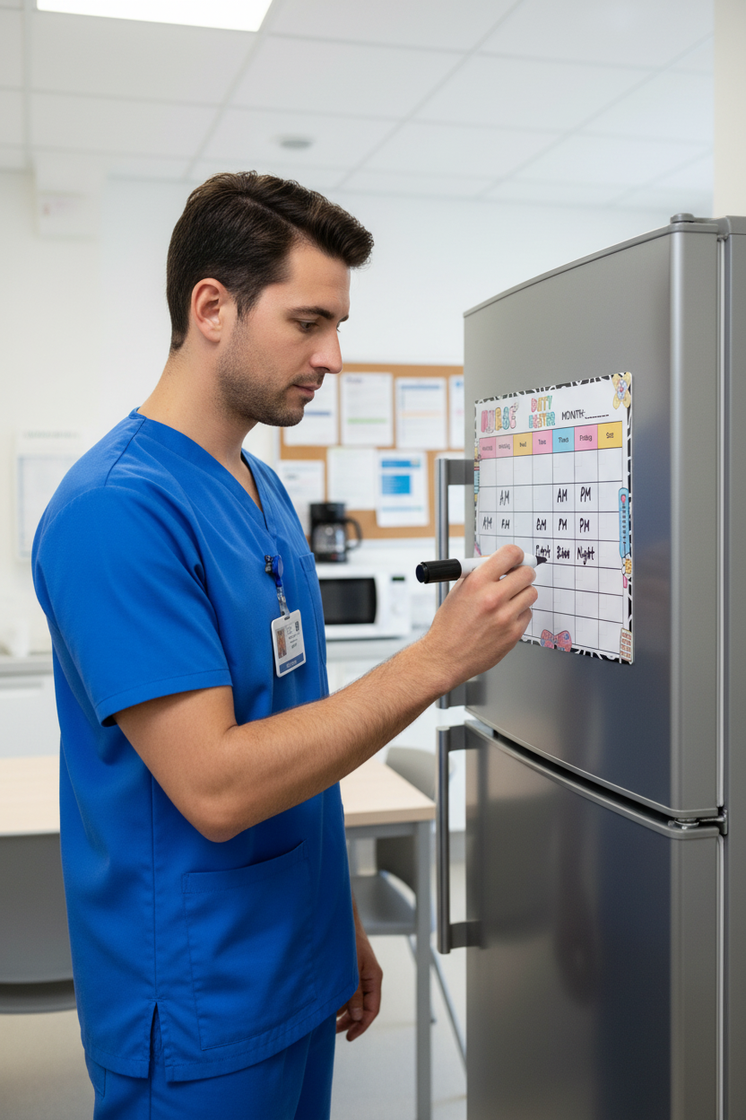 Male nurse writing on A5 roster