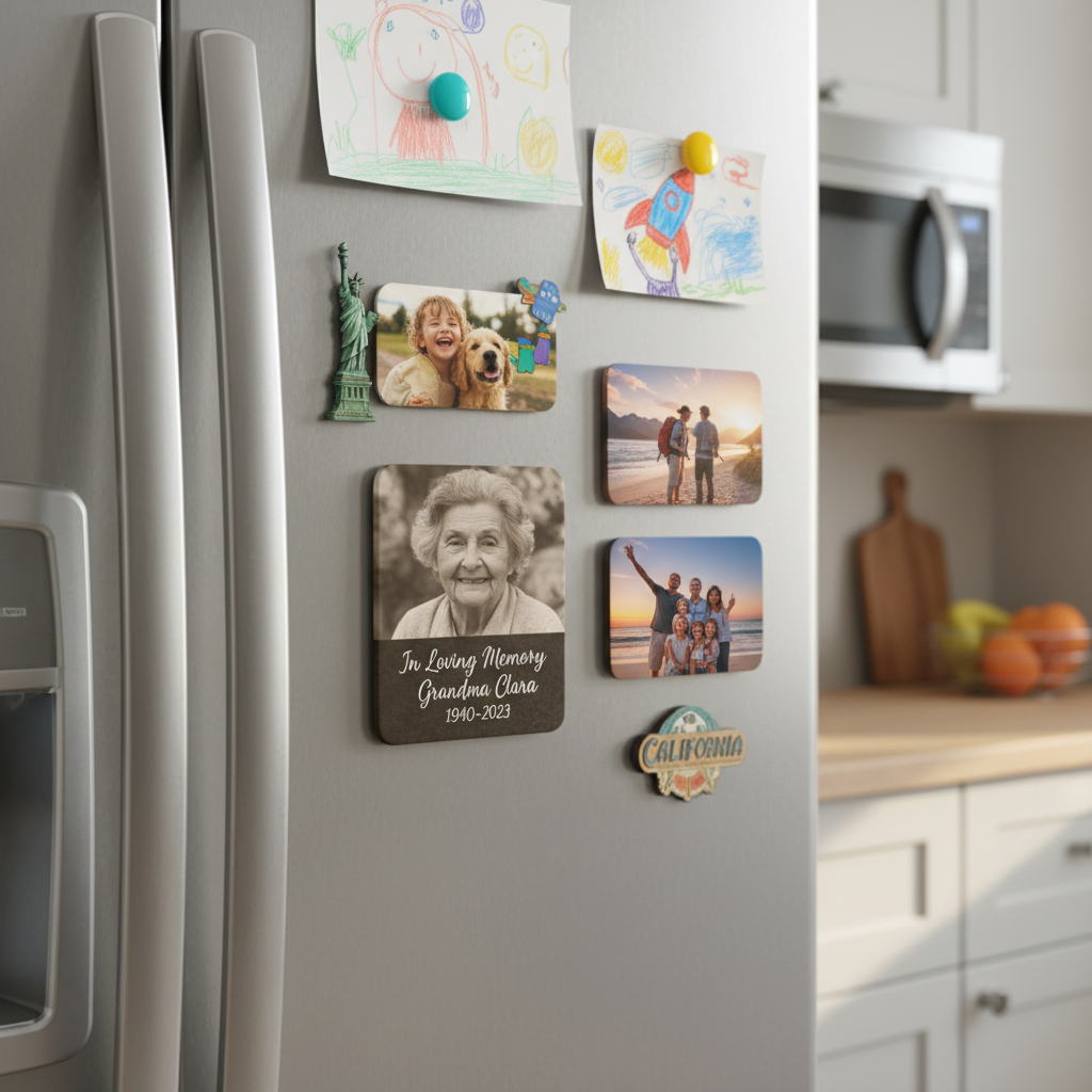 Memorial magnet on refrigerator - realistic
