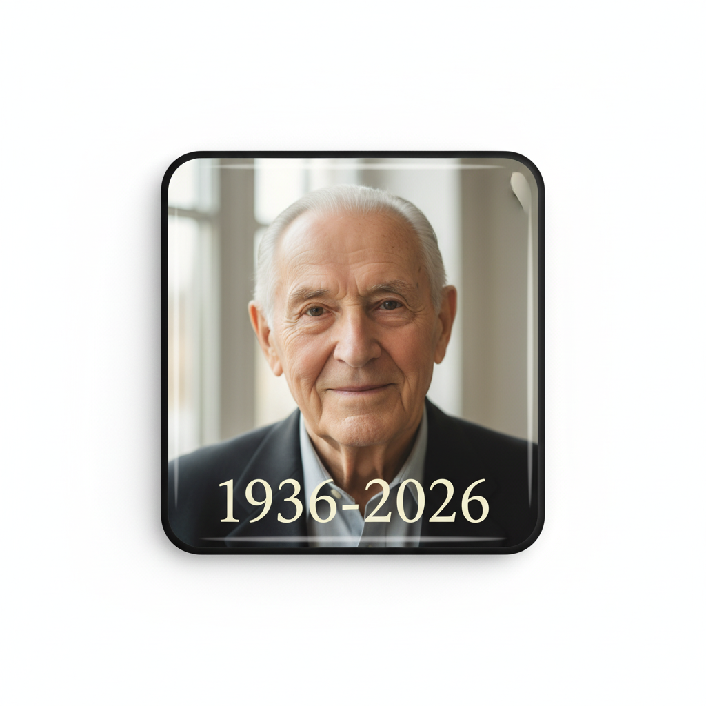 Memorial photo magnet with elderly man portrait and dates 1936-2026