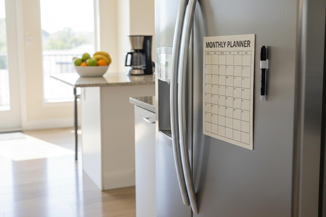 Monthly planner on stainless steel fridge in modern kitchen
