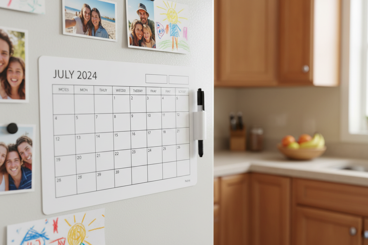 Monthly planner on white fridge with family photos in cozy kitchen