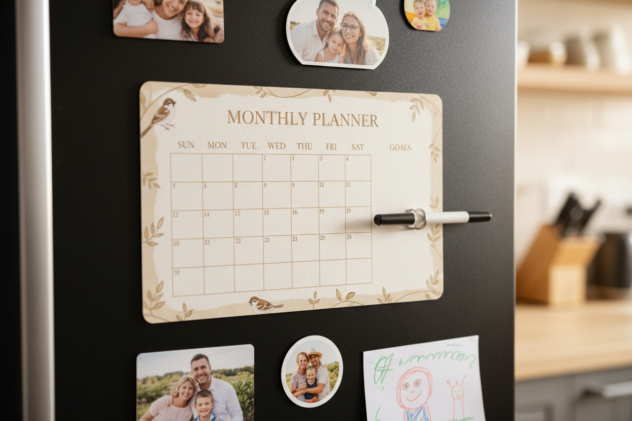 Monthly planner with bird design on black fridge