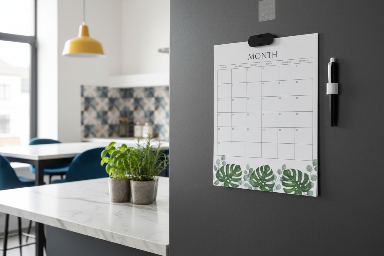 Monthly planner with botanical design on dark fridge in stylish kitchen