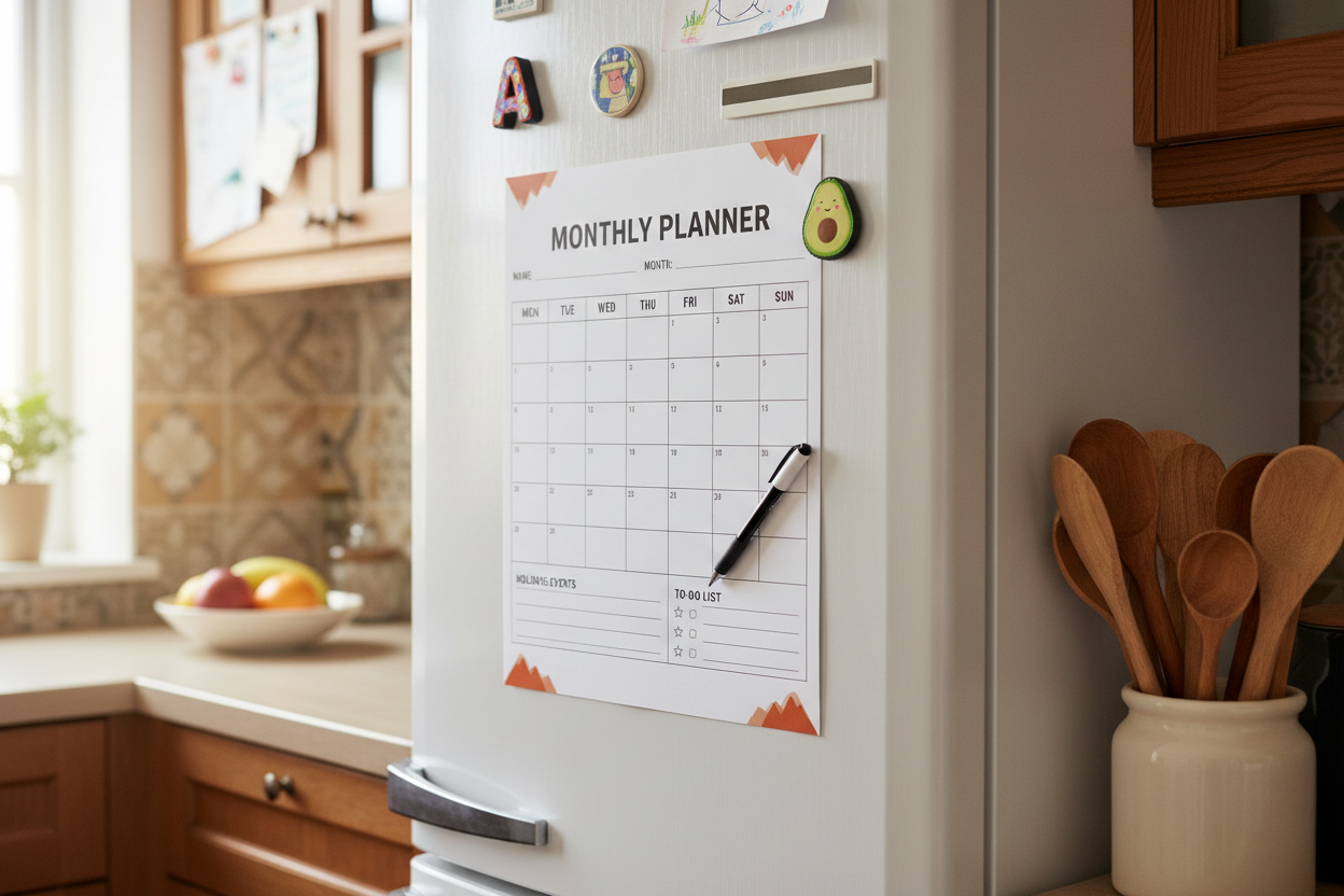 Monthly planner with mountain graphics on white fridge