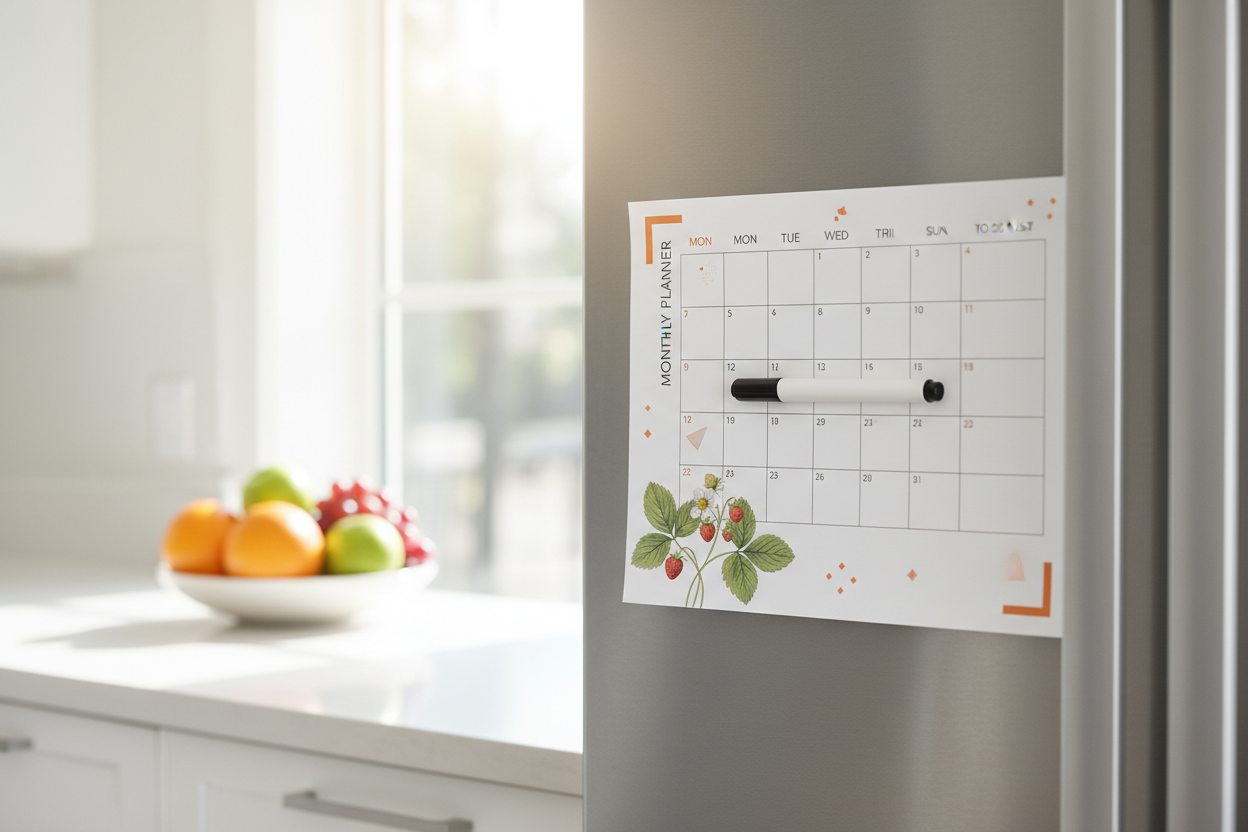 Monthly planner with vertical text on stainless steel fridge