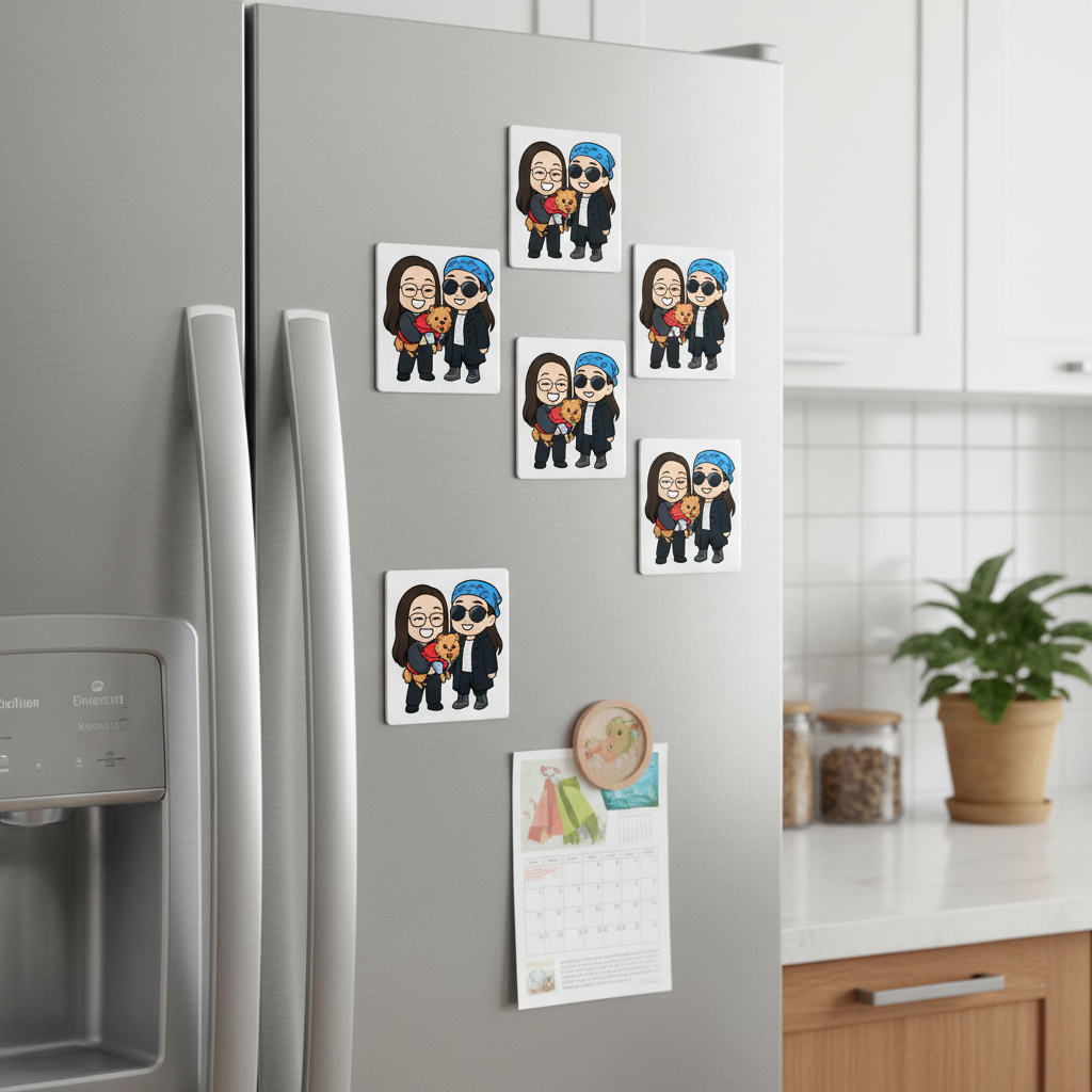 Multiple 50x50mm photo magnets on fridge