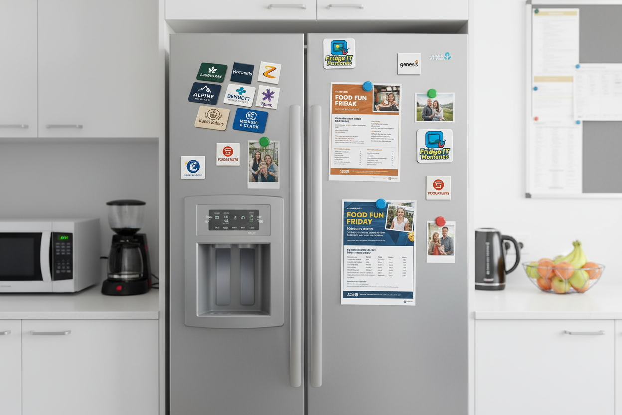 Office fridge with branded magnets