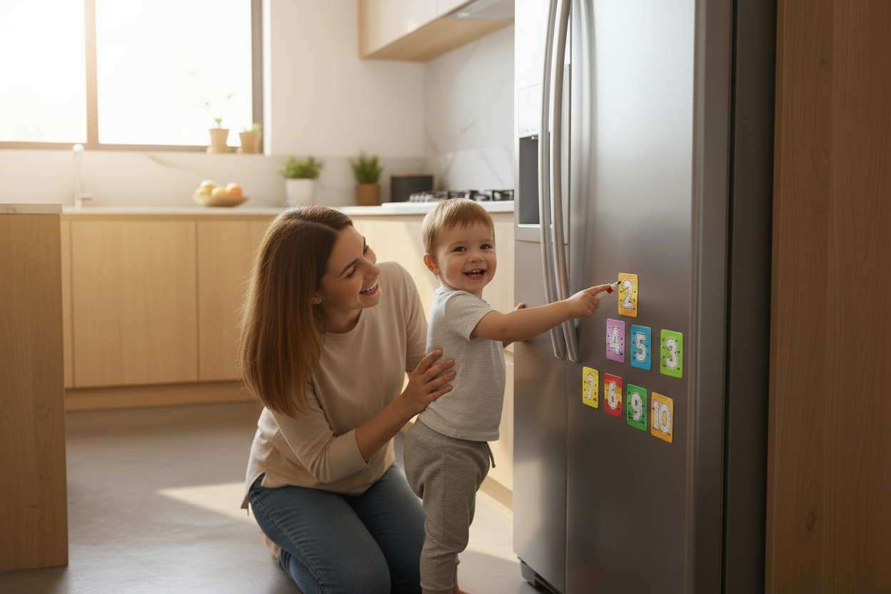 Parent and child at grey fridge with number magnets
