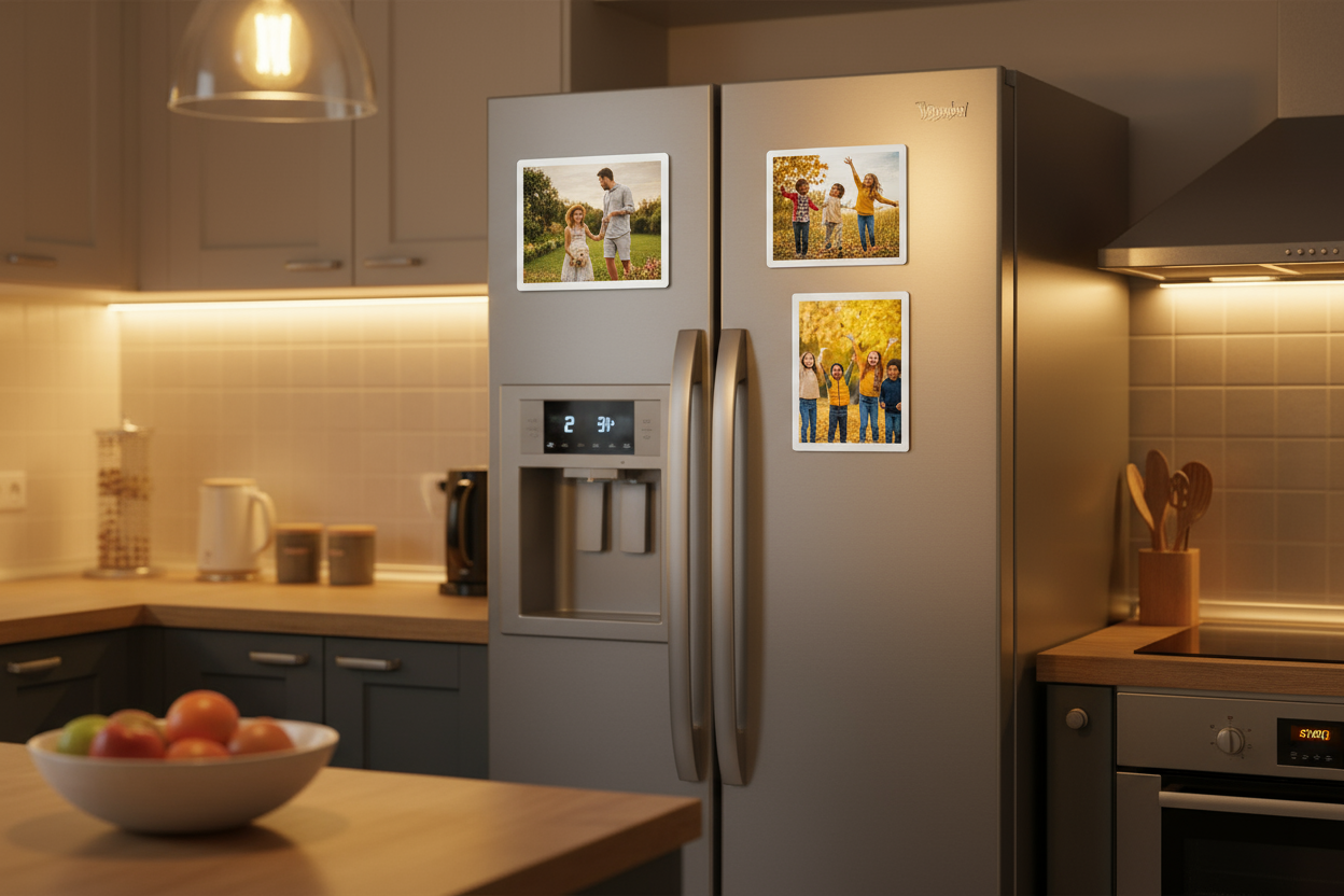 Photo fridge magnets displayed on kitchen refrigerator