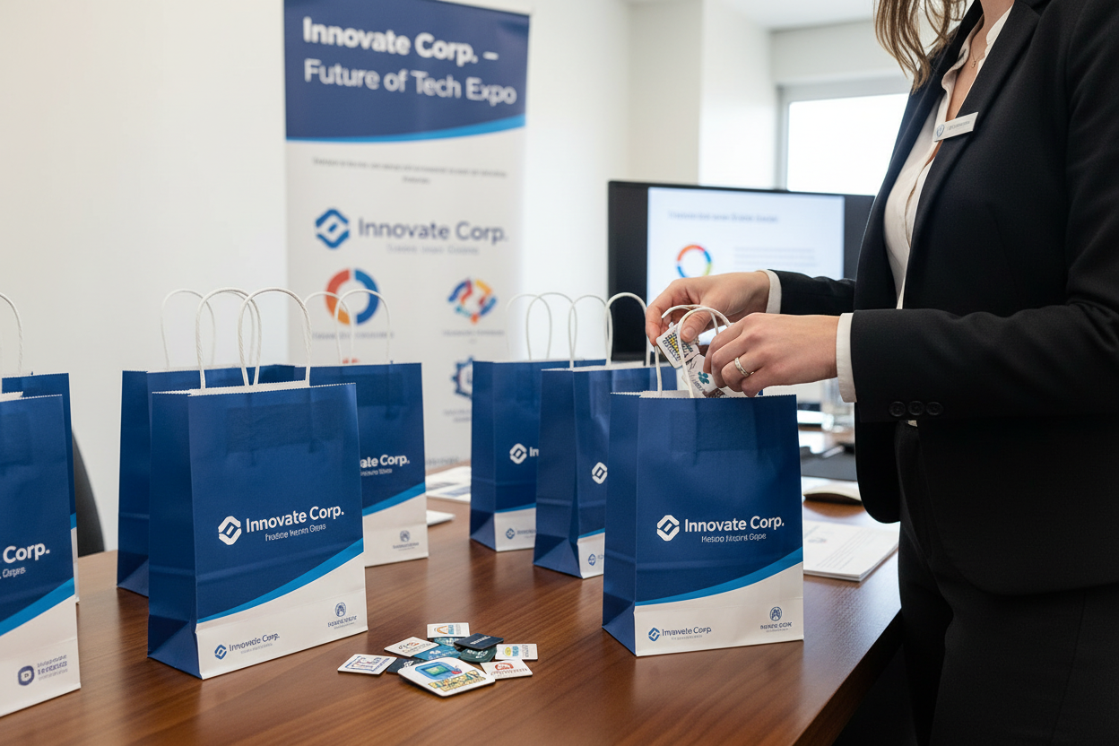 Preparing branded gift bags with magnets