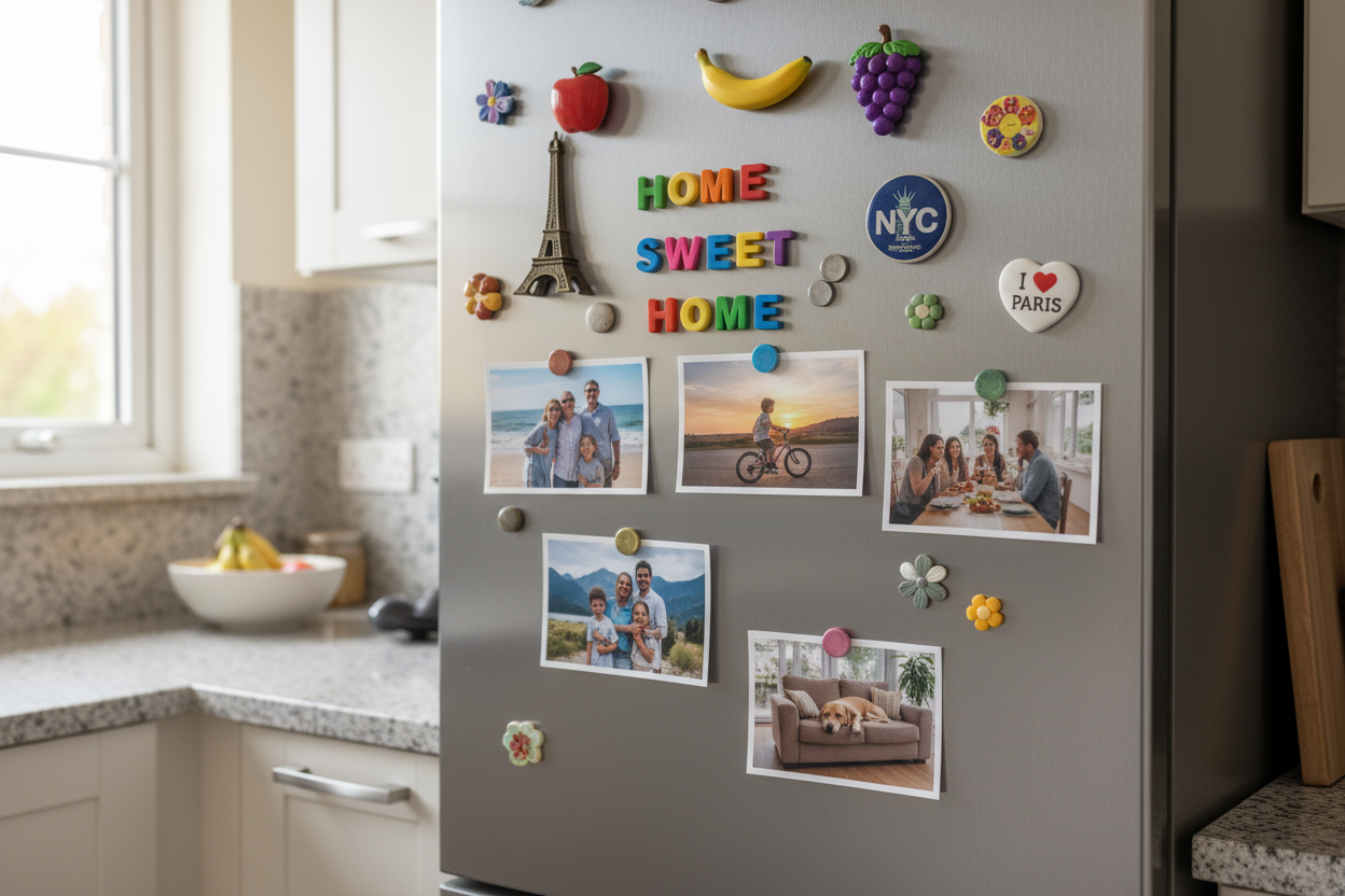 Realistic kitchen with grey fridge, magnets and photos