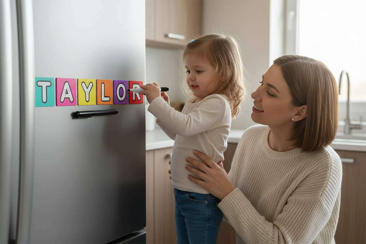 TAYLOR - girl tracing name on grey fridge with mum assisting